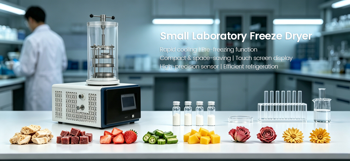 Banner of Geliss small laboratory freeze dryer in a lab setting with freeze-dried fruits, vegetables, meat cubes, pharmaceutical vials, and flowers.